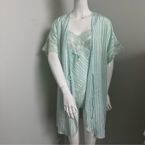 Vintage Mint Green Sheer Lace Robe & Lingerie Set | Coquette Boudoir Peignoir M - Picture 2 of 11